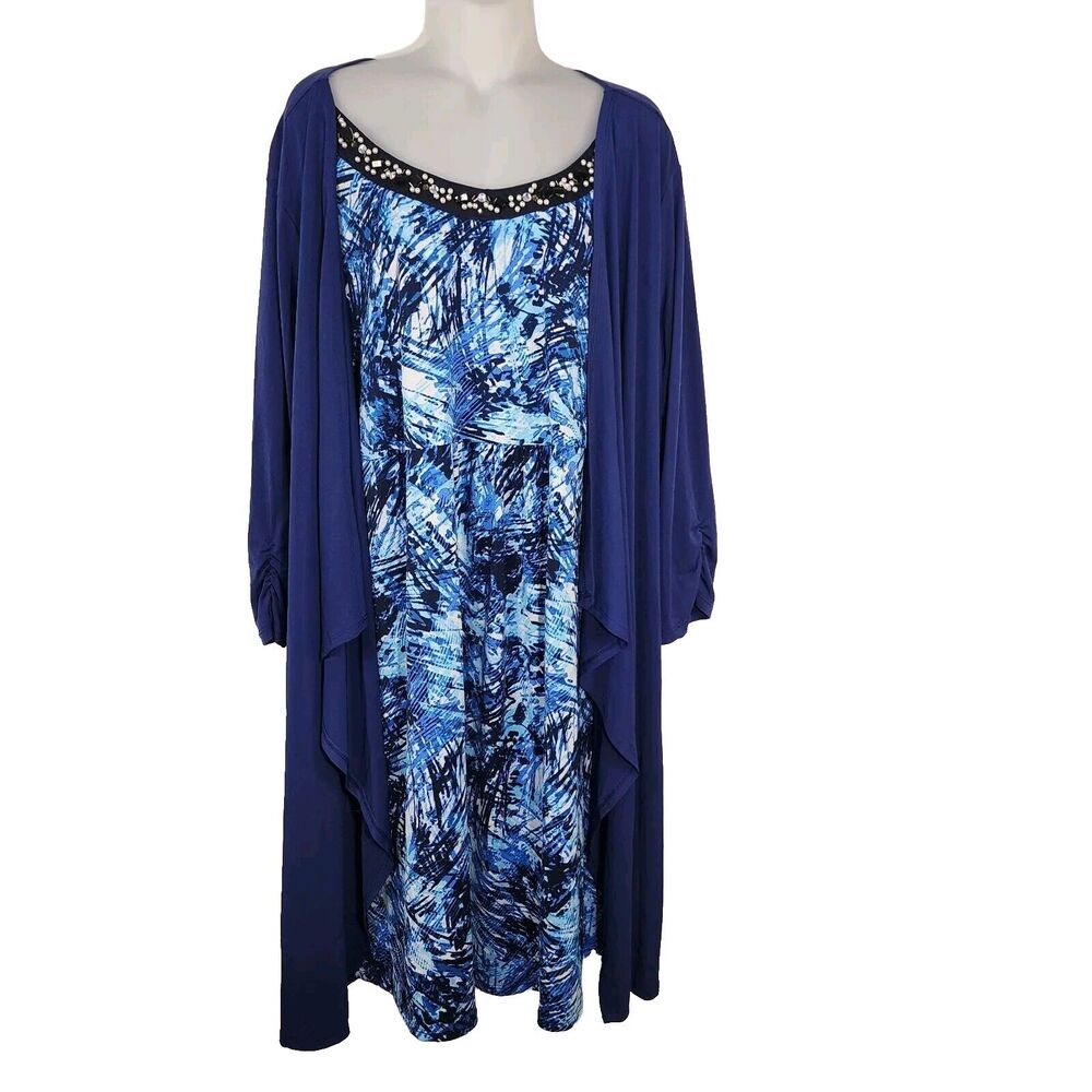 Notations Womens Dress Size 2X Blue Multi Beaded Neck Attached Open Jacket Long
